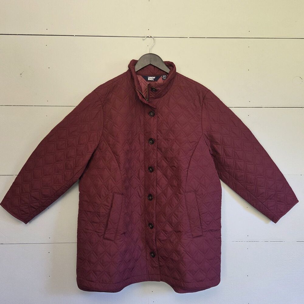 Lands' End PrimaLoft Burgundy Quilted Jacket Button Zip Pockets 1X Women's